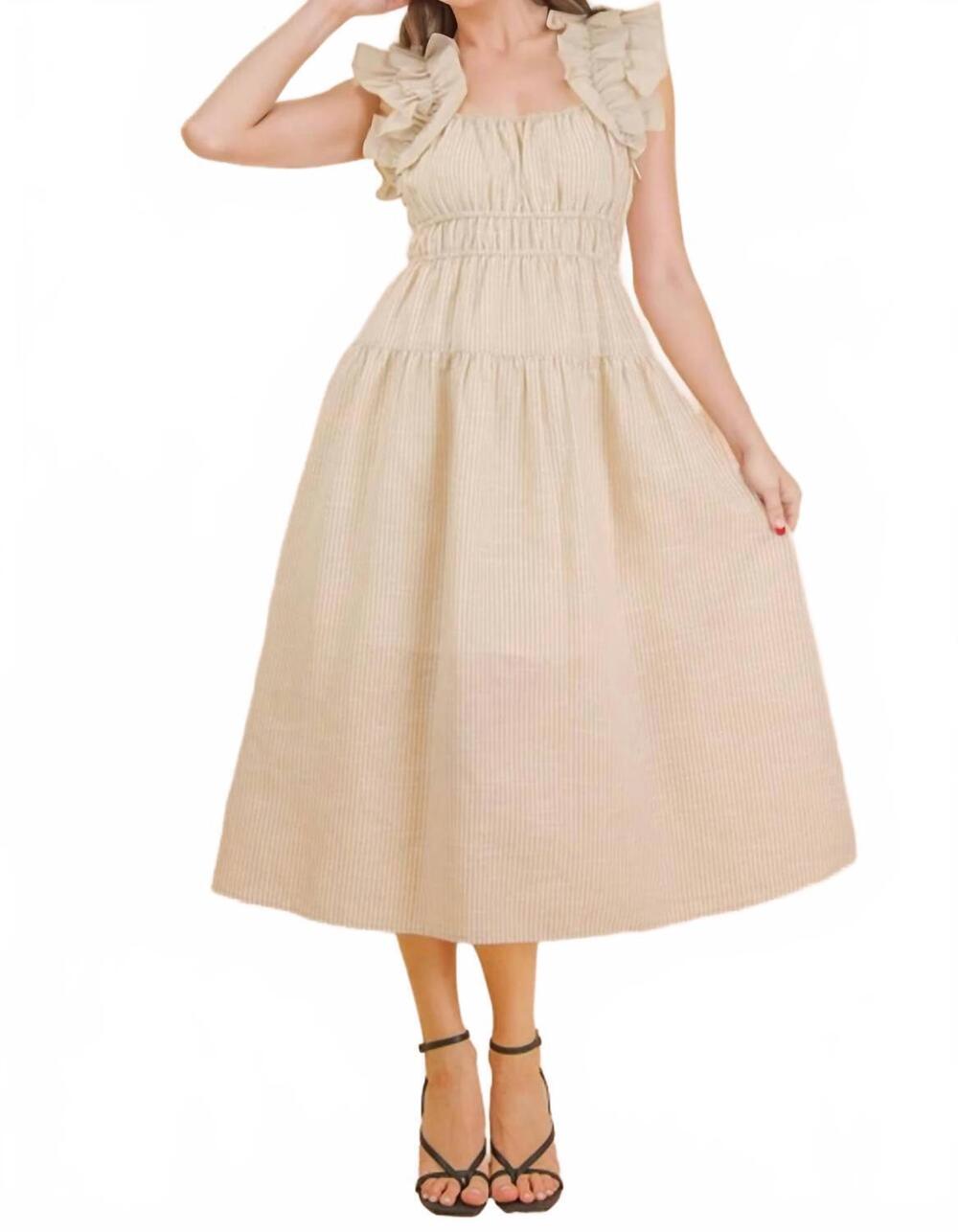 NEW VERY J shoulder ruffle detail stripe midi dress in beige